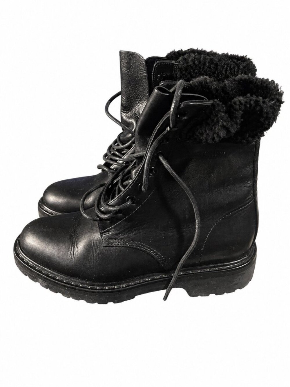 Saint Laurent Black Leather Shearling Lined Lace-Up Combat Boots Mid-Calf